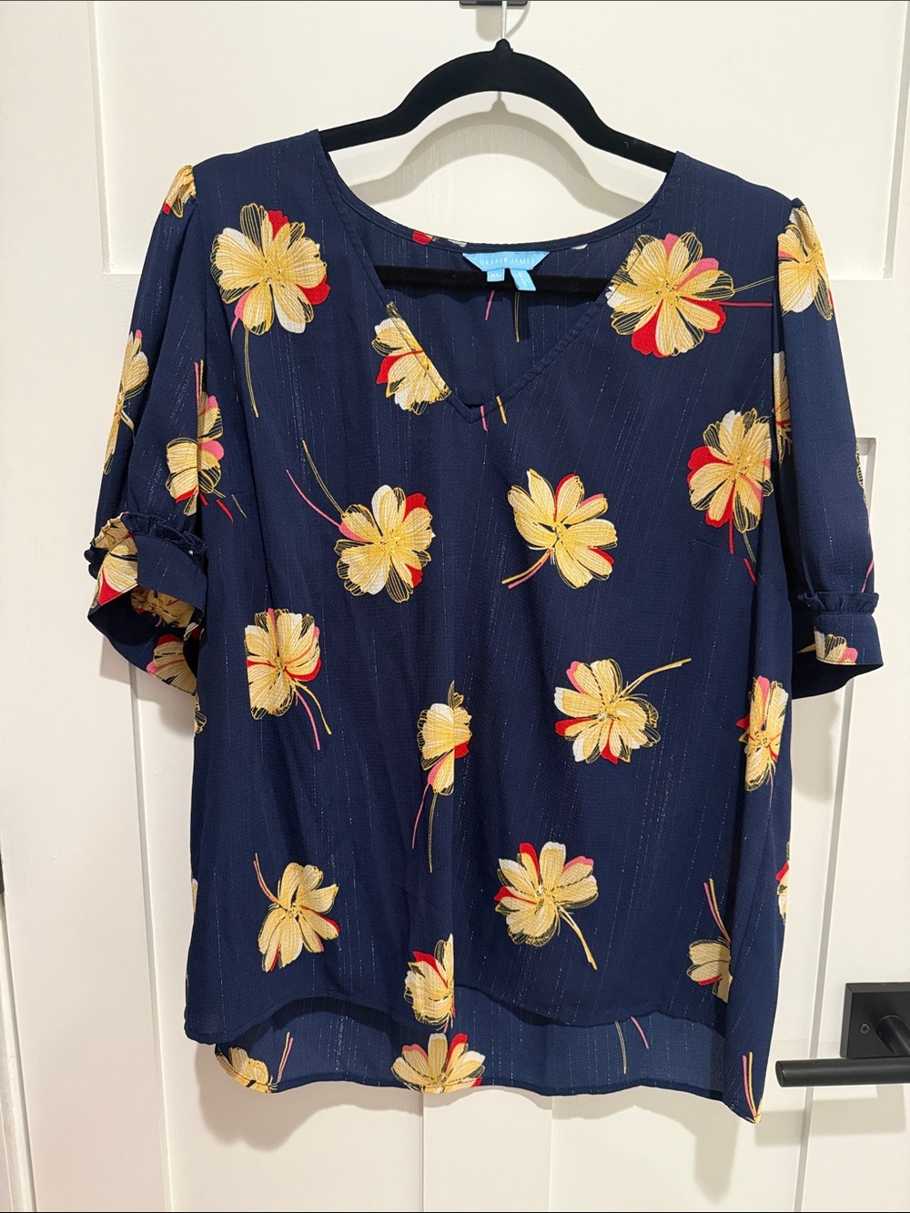 Draper James Navy V-Neck Blouse with Yellow Floral Print
